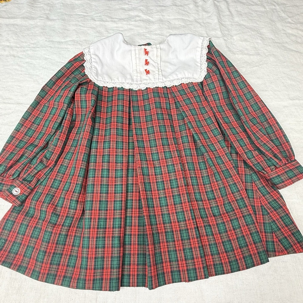 Primitive Handmade Christmas Dress 2T Red Green Tartan Plaid Collar Deer 80s